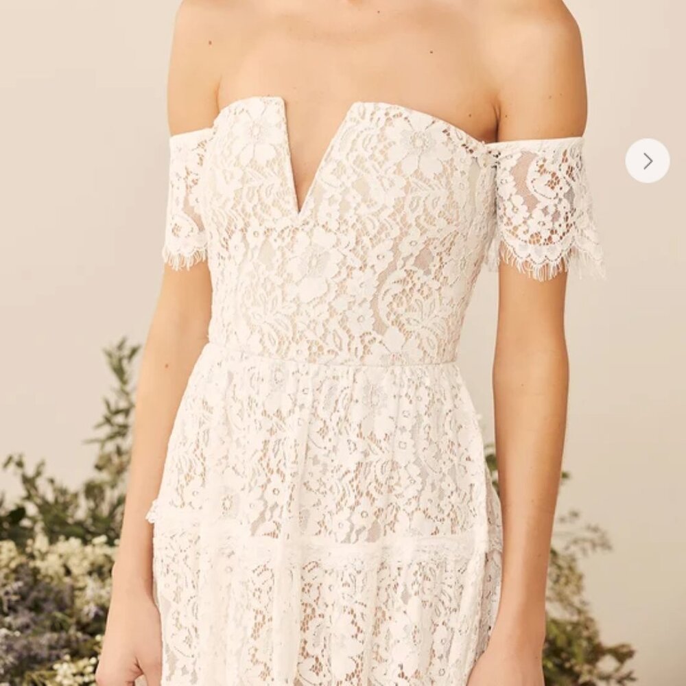 LULUS - NWT Absolutely Stunning White Lace Off-the-Shoulder Midi Dress